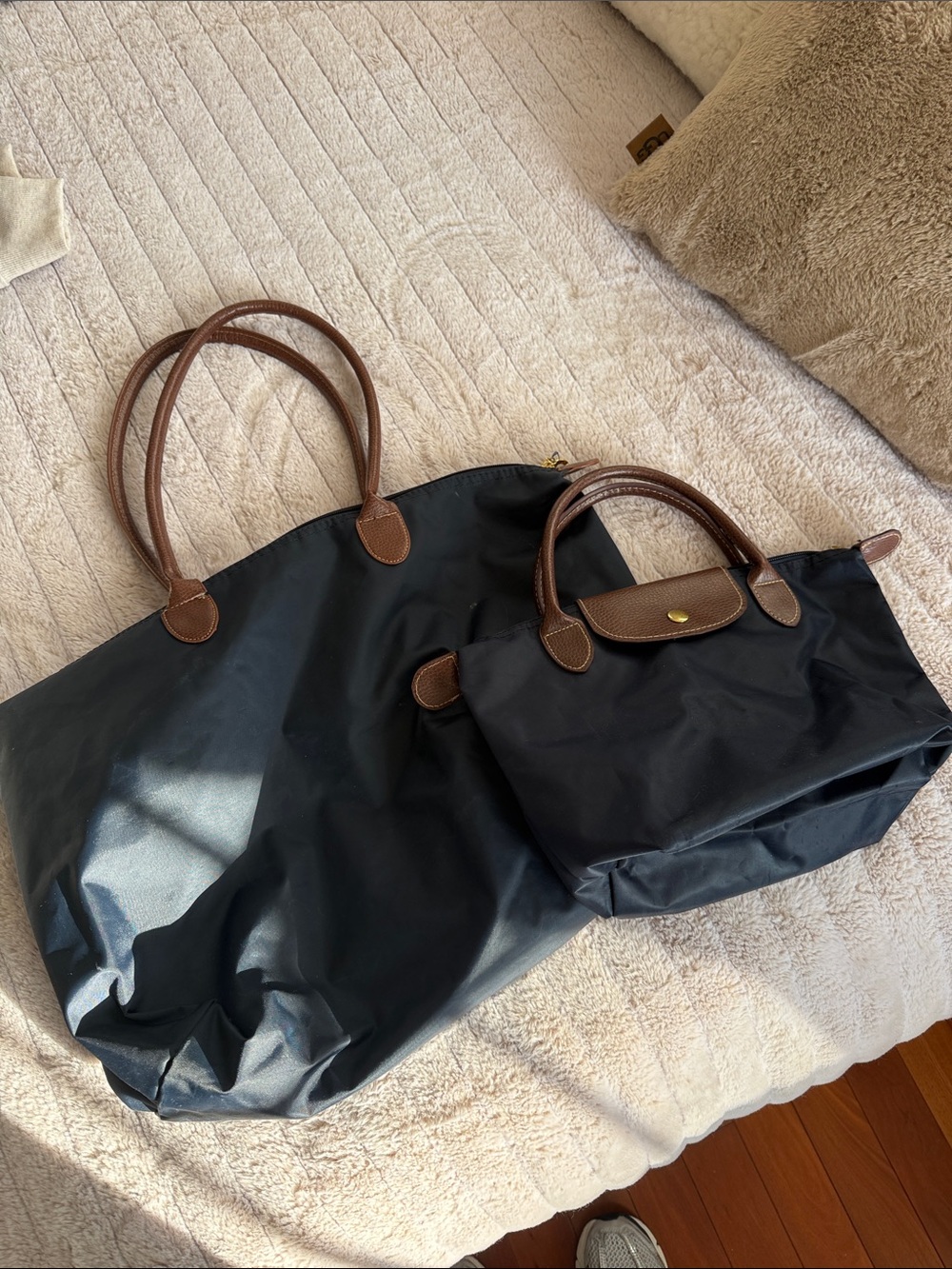 Foldable Black Tote Bag with Brown Trim - Women's Travel Handbag Bundle